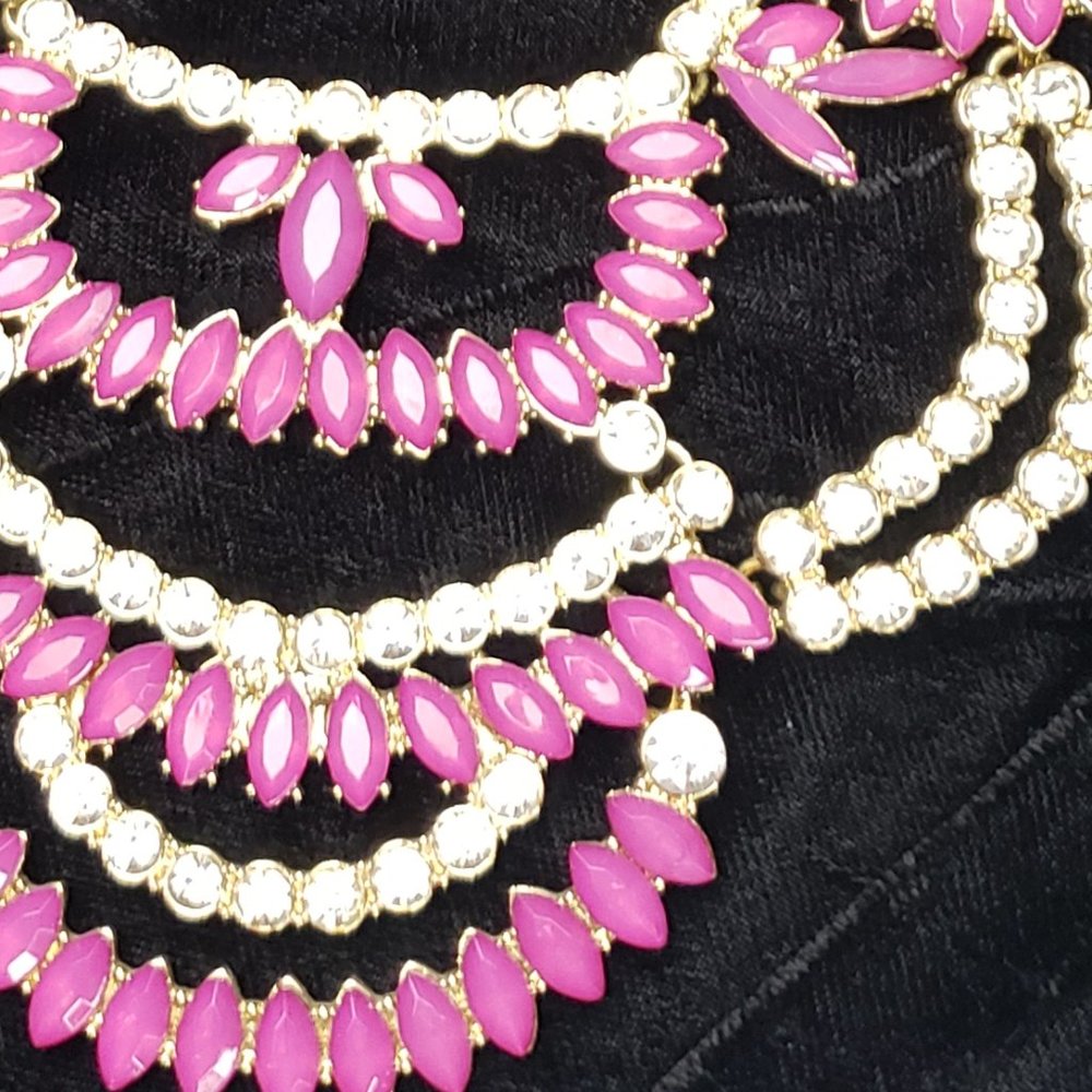 Pink & White Rhinestone Statement Necklace - Picture 4 of 7